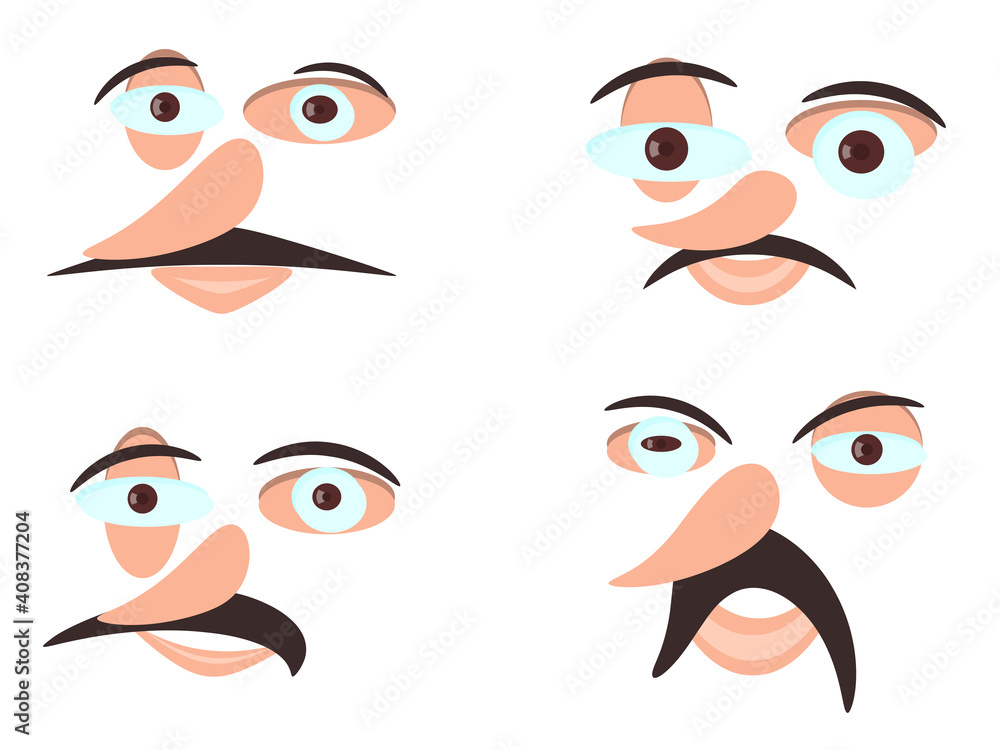 Contemporary portrait. Set of faces with expressive emotions in a modern style. Male avatars isolated on white background. Vector illustration
