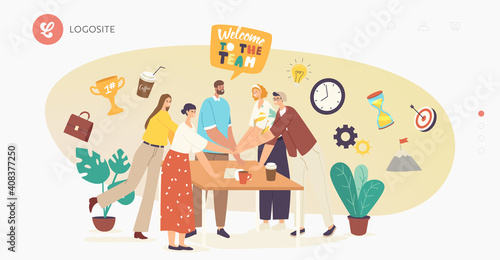 Teamwork Support Landing Page Template. Colleagues Character around of Desk Connecting Hands. Successful Business Deal