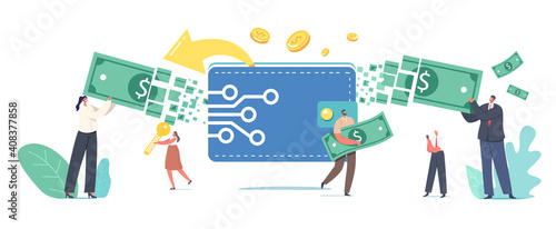 Online Payment, Electronic Virtual Transaction Concept. Tiny Male or Female Characters Transfer Money via Digital Wallet