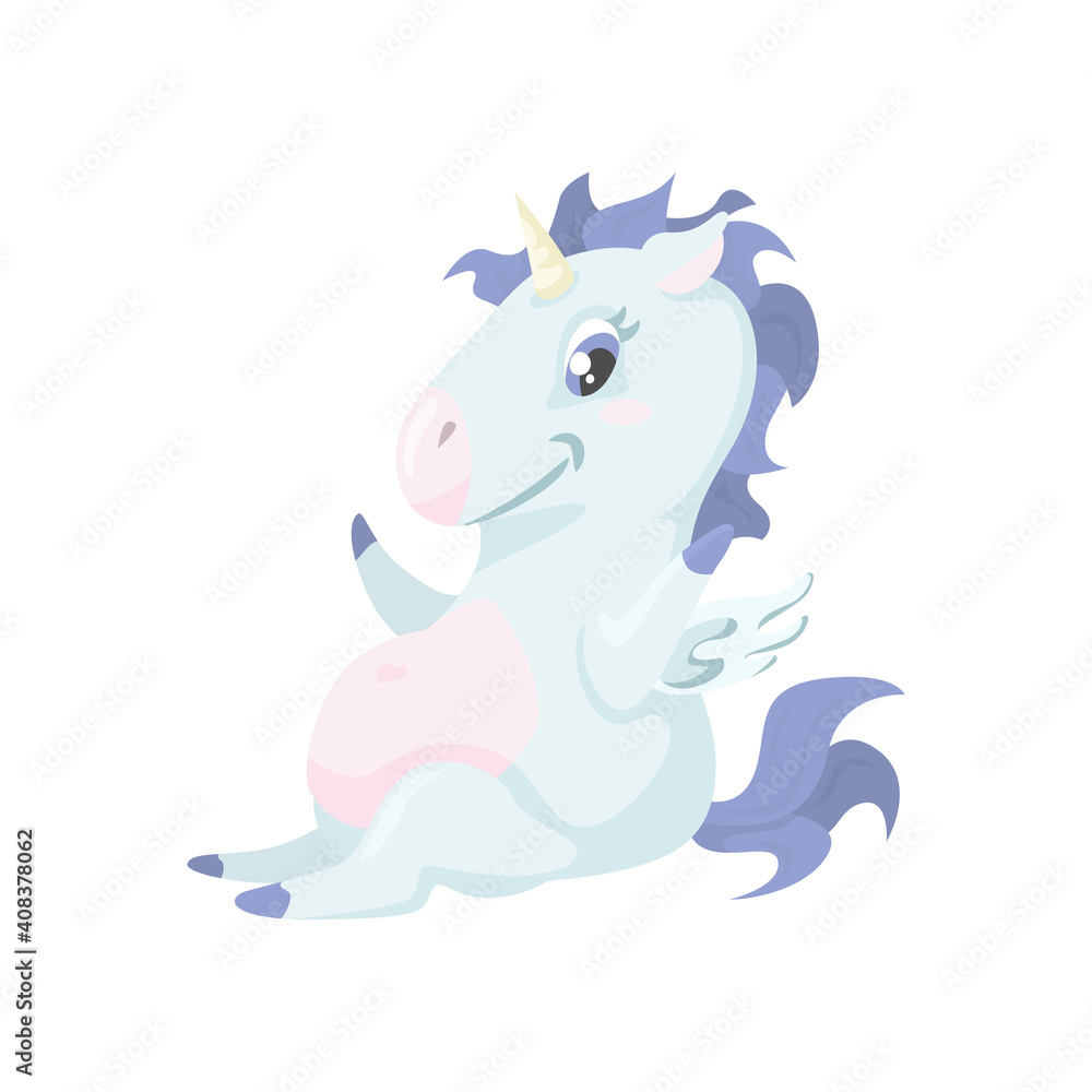 Cute sitting unicorn. Illustration of funny cartoon smiling unicorn isolated on white. 