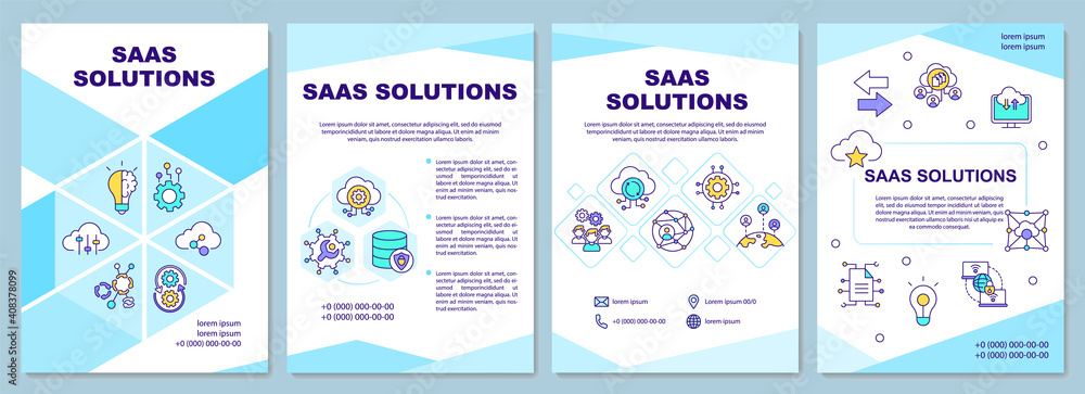 SaaS solutions brochure template. Delievering of software services. Flyer, booklet, leaflet print, cover design with linear icons. Vector layouts for magazines, annual reports, advertising posters