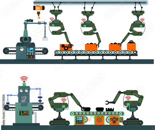 Robotic production line. Manufacturing and machine, automation and robotic and industry. Vector illustration