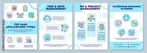 Top SaaS applications types brochure template. CRM and data management. Flyer, booklet, leaflet print, cover design with linear icons. Vector layouts for magazines, annual reports, advertising posters