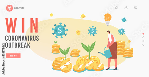 Coronavirus Pandemic Business Opportunity Landing Page Template. Tiny Female Character with Bulb over Head Grow Plant