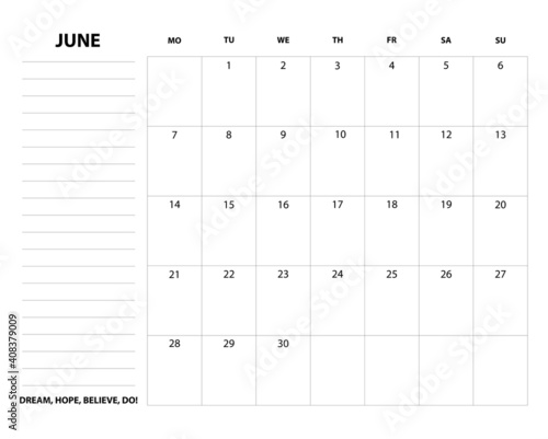 Simple calendar and planner 2021 for June with To Do List and motivation phrase ""Dream, hope, believe, do". - printable