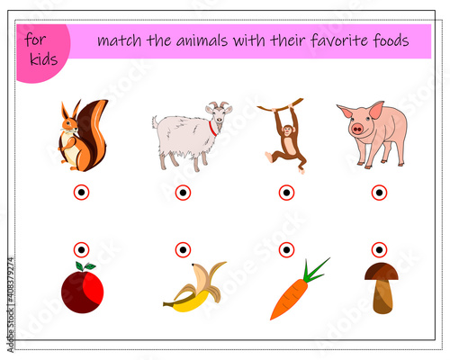 A puzzle game for kids. Match the animals with their favorite foods. Squirrel, goat, monkey, pig, apple, banana, carrot, mushroom. Vector isolated on a white background