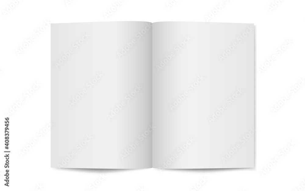 Magazine mockup on white backdrop. Opened magazine template. Vertical catalog or brochure. Realistic mockup with soft shadow. Clean open blank. Vector illustration Magazine mockup on white backdrop. Opened magazine template. Vertical catalog or brochure. Realistic mockup with soft shadow. Clean open blank. Vector illustration