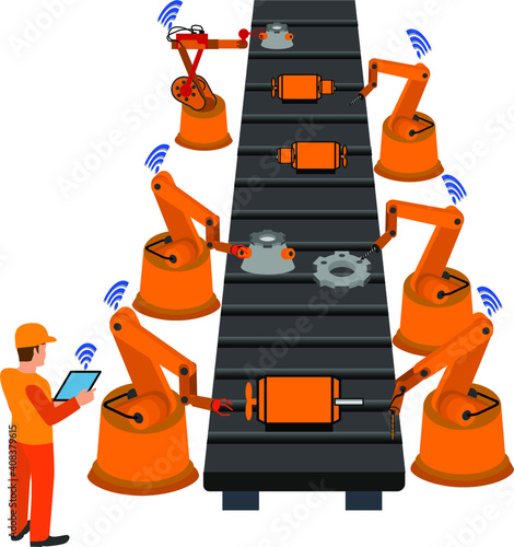 Automated factory assembly line with robotic arm and conveyor belt controlled manufacturing process isometric poster vector illustration