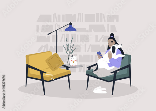 Young female Asian character sitting with a dog in a living room, cozy lockdown lifestyle, stay at home concept