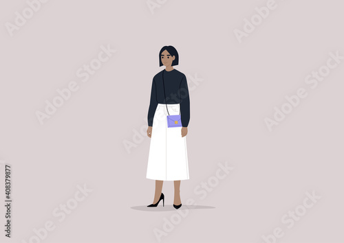 Young female character wearing high heels, trendy outfit with a mini shoulder bag