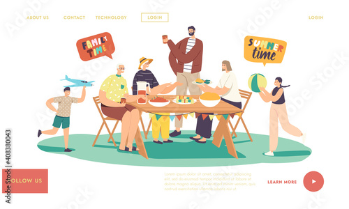 Happy Family Celebrate Garden Party Landing Page Template. Characters Sit at Table, Eating and Communicate
