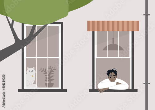 Young male Black character staying at home an looking out of the window, a lockdown scene