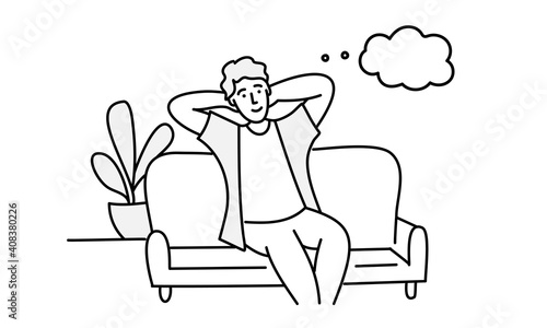 Young man sits on the couch and dreams. People stay at home. Hand drawn vector illustration.