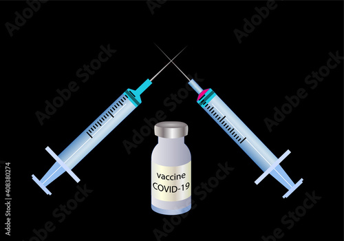 Vacuna de la Covid-19 o coronavirus con una jeringa con embudo que aprovecha todo el vial y otra jeringa típica sobre fondo negro