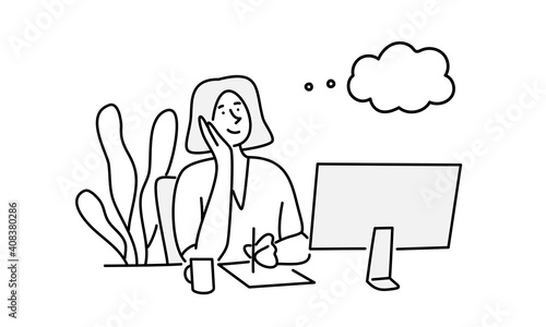 Young woman sits at the table, looks at the computer and dreams. People stay at home. Hand drawn vector illustration.