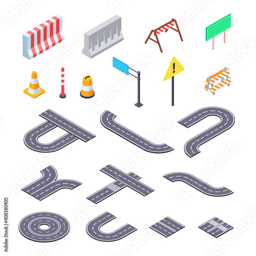 Road under construction isometric ket. Elements of street asphalt and warning road signs for creation of closed pathway.