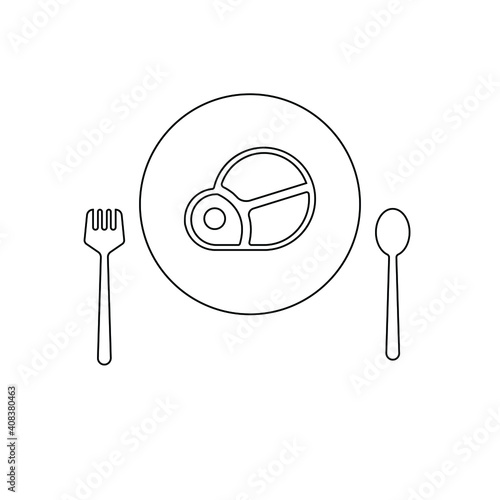 dinner lineart icons. steak on plate and spoon with fork