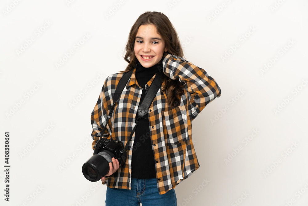 Little photographer girl isolated on background laughing Little photographer girl isolated on background laughing