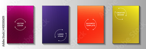 Colorful point perforated halftone title page templates vector collection. Scientific poster faded