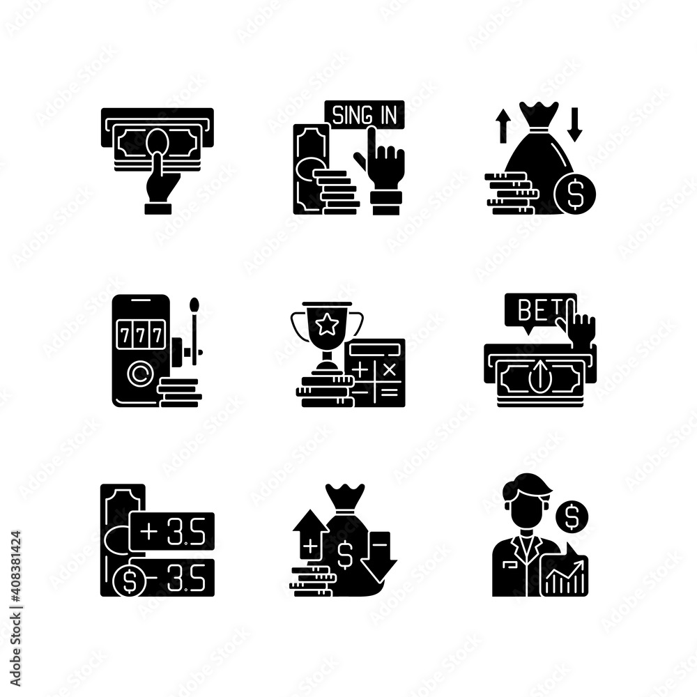 Sporting bets black glyph icons set on white space. Receiving payment. Sign-up bonus. Making money betting on sports. Virtual gambling. Silhouette symbols. Vector isolated illustration Sporting bets black glyph icons set on white space. Receiving payment. Sign-up bonus. Making money betting on sports. Virtual gambling. Silhouette symbols. Vector isolated illustration