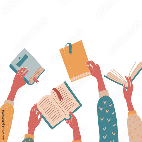 Set of hands holding colorful books. Concept flat vector illustration. Education, school, reading theme.
