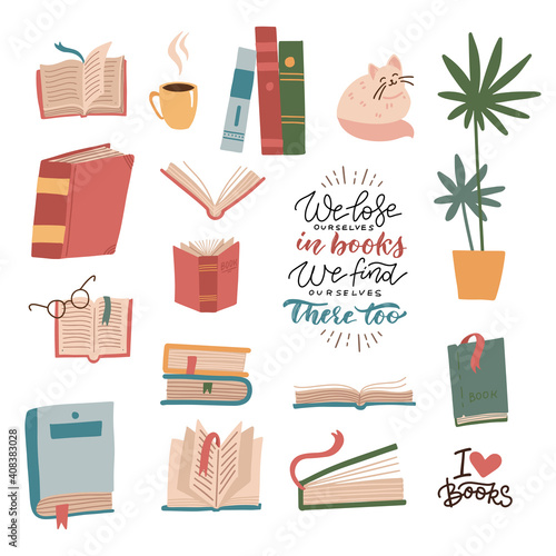 Books and reading elements set. Stack of books, textbooks, cute cat, houseplant, cup. Bundle of decorative design with lettering quotes isolated on white background. Flat cartoon vector illustration.