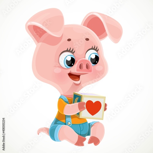 Cute cartoon pig holding a toy cube in hooves isolated on white background