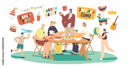 Happy Family Celebrate Garden Party. Male or Female Characters Sitting at Table, Eating and Communicate Children Playing © Pavlo Syvak