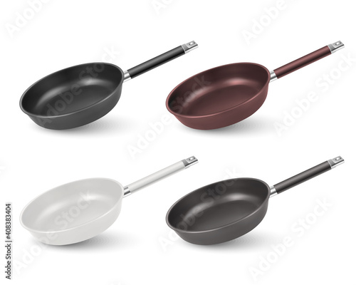 Vector 3d Realistic Black, Brown, White Empty Frying Pan Icon Set Isolated on White Background. Design Template, Mockup