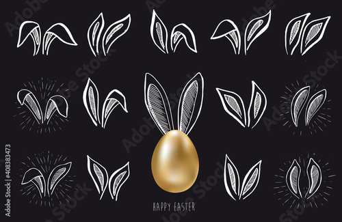 Gold egg, Set of rabbits's ears, Happy Easter. Hand drawn style. Vector illustrations.	