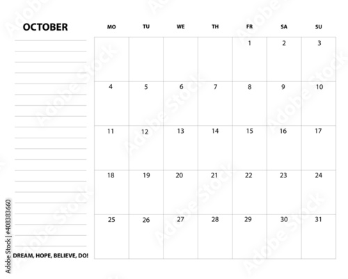 Minimalist planner calendar for study or work, October 2021. 