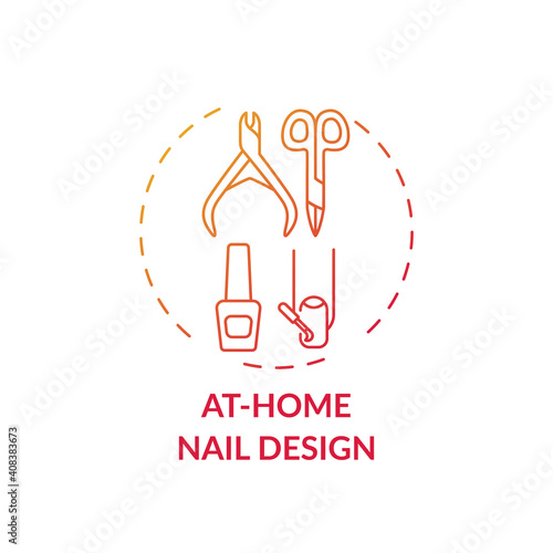 At-home nail design concept icon. Home beauty procedure idea thin line illustration. Manicure  pedicure. Exfoliating  moisturizers and cuticle treatments. Vector isolated outline RGB color drawing