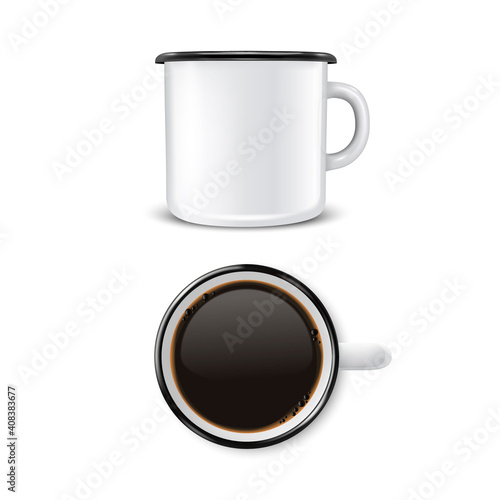 Vector 3d Realistic Enamel Metal Blank White Mug with Black Coffee Inside Isolated on White Background. Front and Top View. Design Template for Mock up
