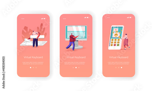 People Typing on Virtual Keyboard Mobile App Page Onboard Screen Template. Tiny Characters at Huge Monitor with Keyboard