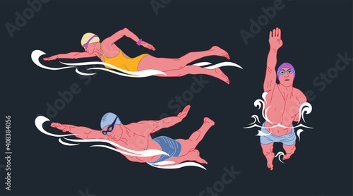 Collection of people dressed in swimwear in the pool. Men and women in swimsuits engaged in water sports. Swimmers set. Colorful vector illustration in cartoon style.