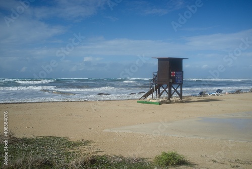 Lifeguard station on an empty beach in Paphos, Cyprus 