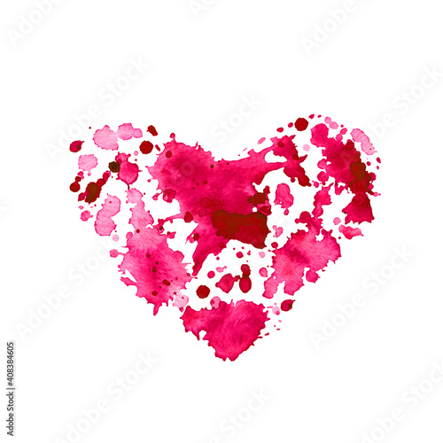 Watercolor abstract pink stain with splashes in shape of the heart. Bright texture colorful element for abstract background.
