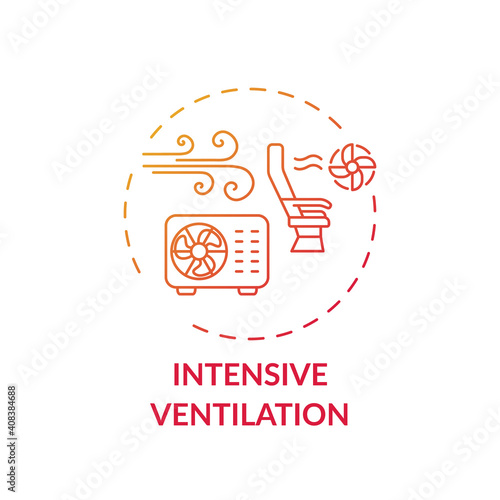 Intensive ventilation concept icon. Air cleaning idea thin line illustration. Post-covid safety. Using ceiling fans. Eliminating virus transmission risk. Vector isolated outline RGB color drawing