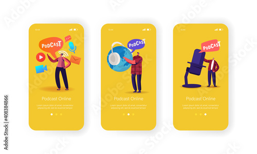 Podcast Broadcast or Audioprogram Livestream Mobile App Page Onboard Screen Template. Tiny Characters with Huge Headset