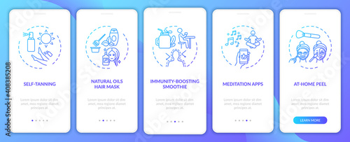 Home beauty treatments onboarding mobile app page screen with concepts. Natural hair mask, smoothie, peeling walkthrough 5 steps graphic instructions. UI vector template with RGB color illustrations