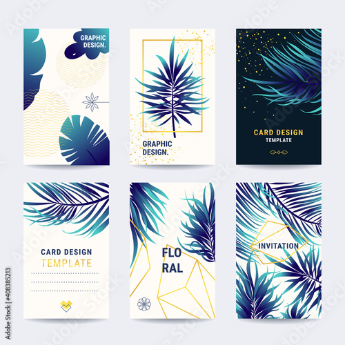Vintage luxury vector templates collection. Indigo blue tropical plants, gold linear style illustration. Floral design templates for wedding invitation, poster, flyer, banner, social network stories.