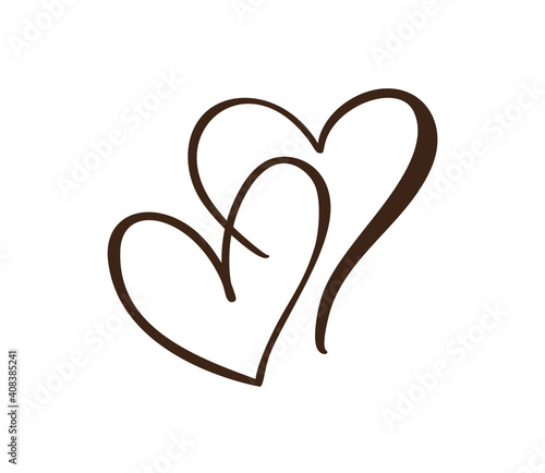 Two flourish lovers hand drawn hearts. Vector holiday Valentine card handmade calligraphy. Decor for greeting, logo, photo overlays, t-shirt print, flyer, poster design