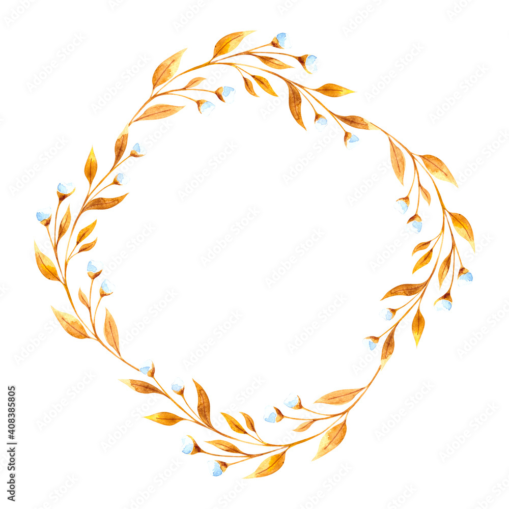 Round watercolor frame with golden flower twigs and willow twigs, dried flowers on a white background. Illustration for the design of postcards, invitations, packaging, banners