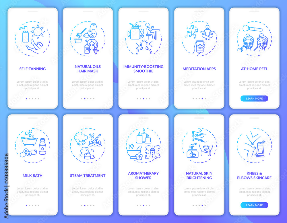 At-home beauty care onboarding mobile app page screen with concepts set. Body peeling, massaging walkthrough 5 steps graphic instructions. UI vector template with RGB color illustrations
