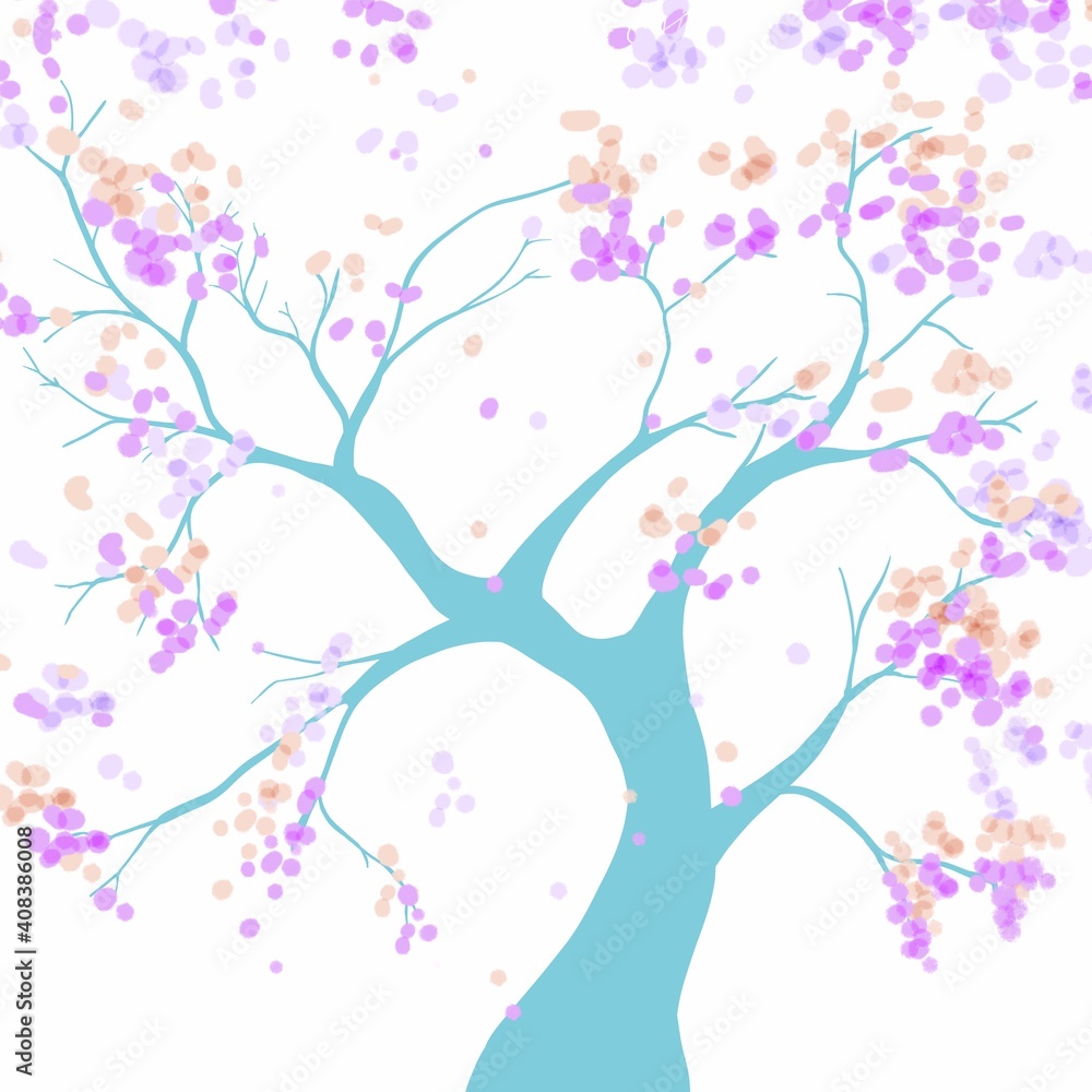 Fototapeta premium Spring flowering tree. A beautiful magic tree. Botanical illustration with branches, leaves and flowers. 