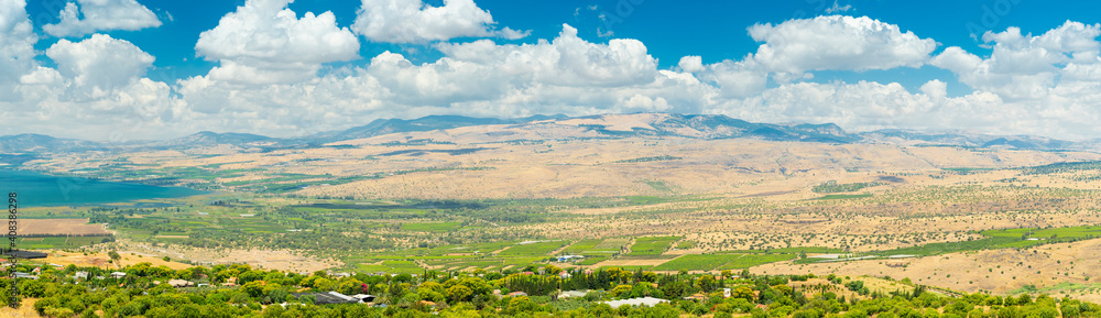 Panoramic View Of Golan Heights and the Galilee and  The Sea of Galilee,  also called Lake Tiberias, Kinneret or Kinnereth.