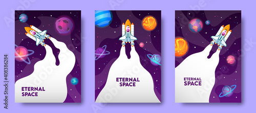 Vector banner design of spaceship sailing in the universe