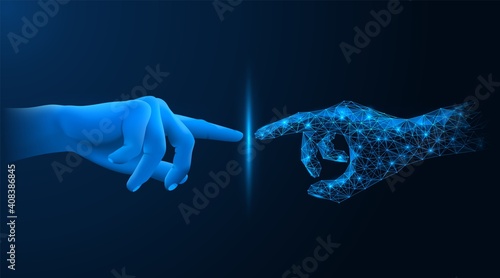 Touch with virtual reality. The point of contact of the human hand with the projection. Blue background.