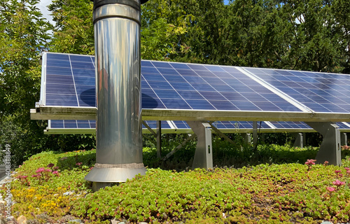 Solar Panels on a green sedum rooftop and a chimney of a wood oven for climate adaptation an stimulating biodiversity photo