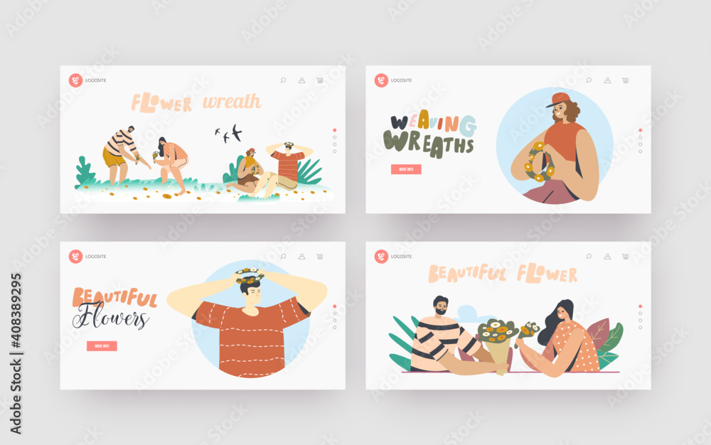 Fototapeta premium Summertime Season Landing Page Template Set. Happy Male Female Characters Weaving Wreaths of Beautiful Flowers